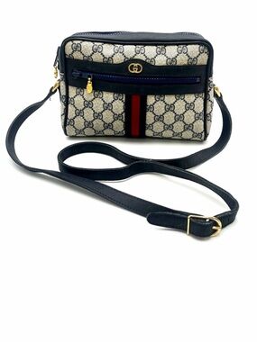 Gucci Beige GG Supreme Crossbody with Black Leather and Red Stripe